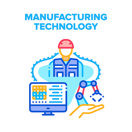 Manufacturing Technology Vector Icon Concept. Worker Monitoring And Setting On Computer Screen Robotic Arm For Working On Factory Conveyor, Modern Manufacturing Technology Color Illustration