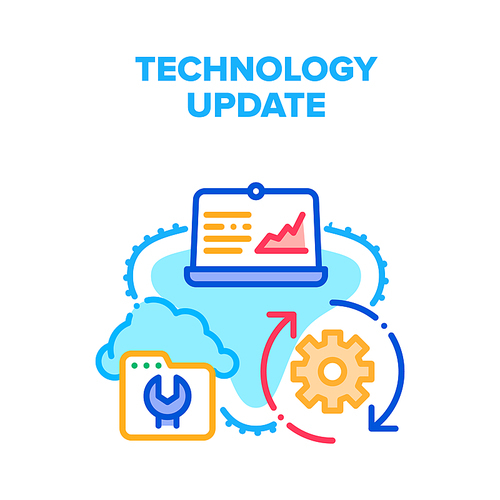 Technology System Update Vector Icon Concept. Laptop Computer And Cloud Technology System Update. Install Program Software Version Updating Process And Digital Upgrade Color Illustration