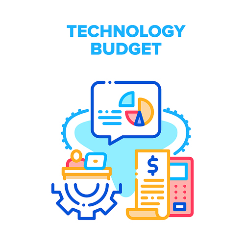 Technology Financial Budget Vector Icon Concept. Accountant Counting And Calculating Technology Financial Budget On Laptop And Calculator. Money Finance Analysis Color Illustration