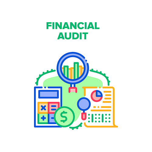 Financial Audit Vector Icon Concept. Financial Audit And Auditing Tax Process, Calculating Income And Expense, Researching Finance Document Report And Analyzing Chart Color Illustration