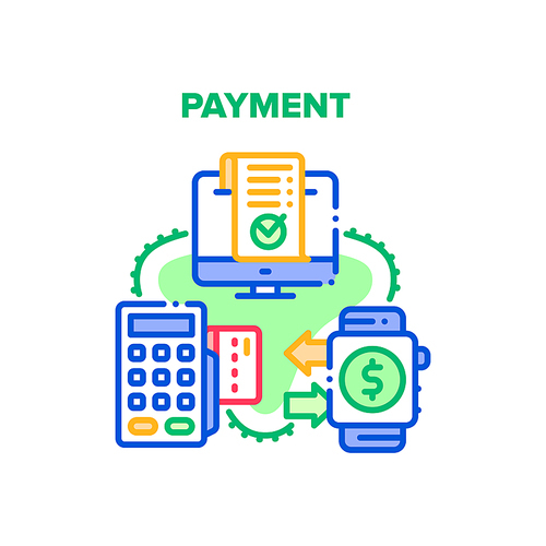 Payment Device Vector Icon Concept. Smartwatche With Nfc Wireless Technology For Pay And Credit Card In Terminal, Payment Device. Electronic Receipt On Computer Display Color Illustration