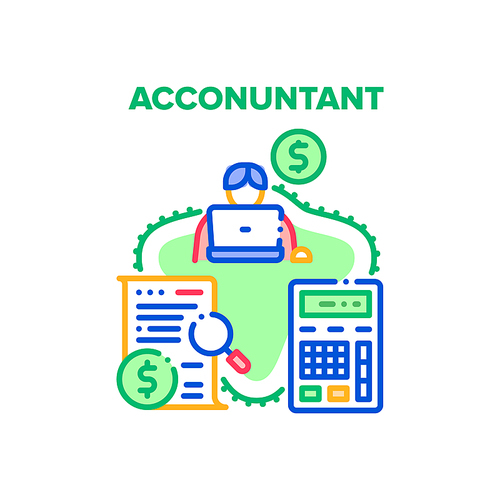 Accountant Work Vector Icon Concept. Accountant Worker Using Calculator For For Calculate Finance Money Income And Expense, Researching Financial Report And Tax List Color Illustration
