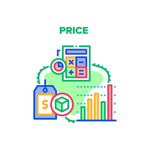 Price Selling Vector Icon Concept. Price Market Monitoring And Calculating On Calculator Device, Sale Rate On Label In Shop And Discount. Purchase Information On Tag Color Illustration