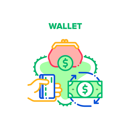 Wallet With Cash Vector Icon Concept. Wallet Accessory For Storaging Money Banknotes And Credit Card, Finance Storage And Carrying. Dollar Currency Exchange And Financial Turnover Color Illustration