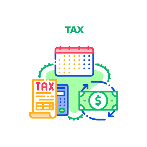 Tax Payment Vector Icon Concept. Tax Calculating And Date Of Pay Fee, Working And Accounting Financial Document. Accountant Work For Analyzing Balance And Calculate Finance Color Illustration
