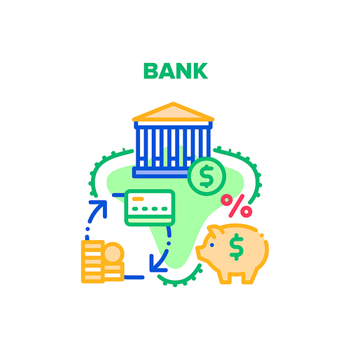 Bank Financial Vector Icon Concept. Commercial Bank Building For Servicing Client For Safe Money Finance, Deposit And Credit. Exchange Coin Cash, Card And Banking Color Illustration