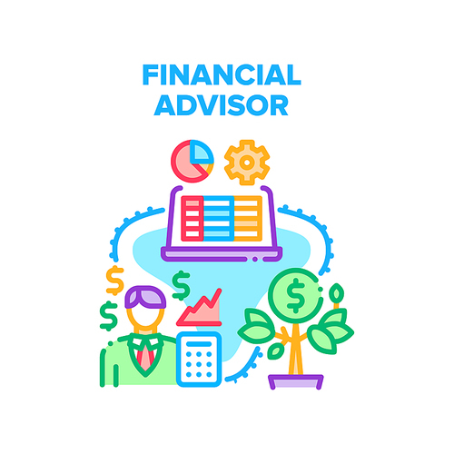 Financial Advisor Support Vector Icon Concept. Financial Advisor Advising And Consultation For Earning Money, Analyzing Finance Report And Market. Growth Dollar Tree Color Illustration