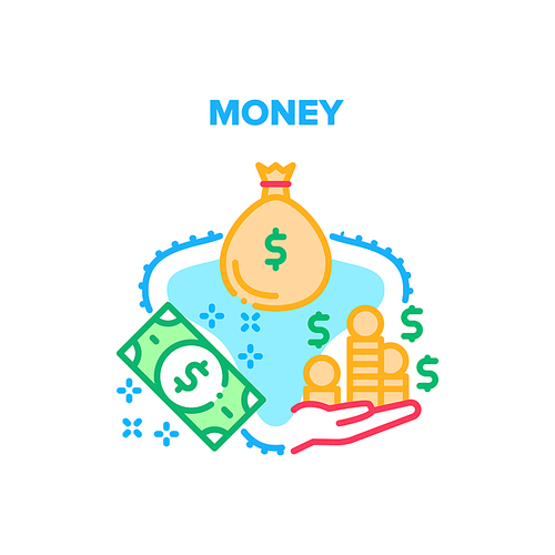 Money Finance Vector Icon Concept. Dollar Banknote In Bag Package And Hand Holding Coin Heap, Cash Money Finance Earning And Accounting. Financial Management Occupation Color Illustration