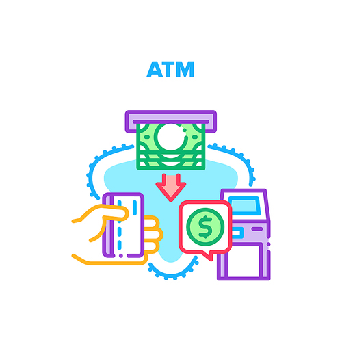 Atm Bank Machine Vector Icon Concept. Client Using Atm Bank Machine For Getting Money Cash From Credit Card. Automatic Teller Machine Electronic Financial Equipment Color Illustration