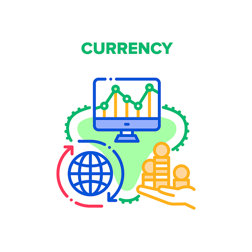 Currency Money Vector Icon Concept. Worldwide International Currency Money, Researching Infographic On Computer Screen And Trading On Financial Market. Heap Of Coins Holding Hand Color Illustration