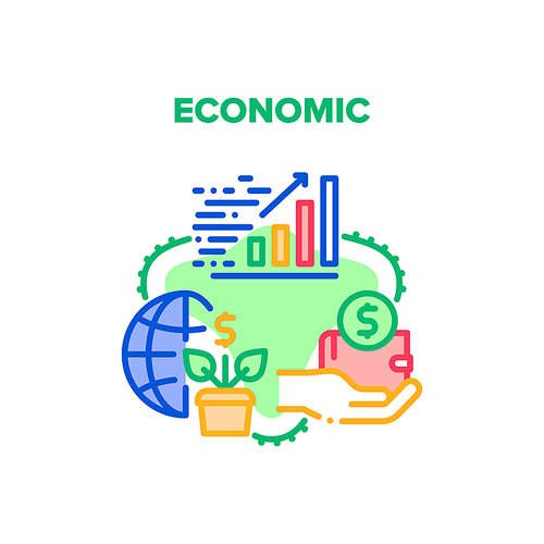 Economic Wealth Vector Icon Concept. Infographic Growth Economic Wealth, Hand Holding Wallet With Money And Credit Cards, World Financial Relations And Growing Finance Color Illustration