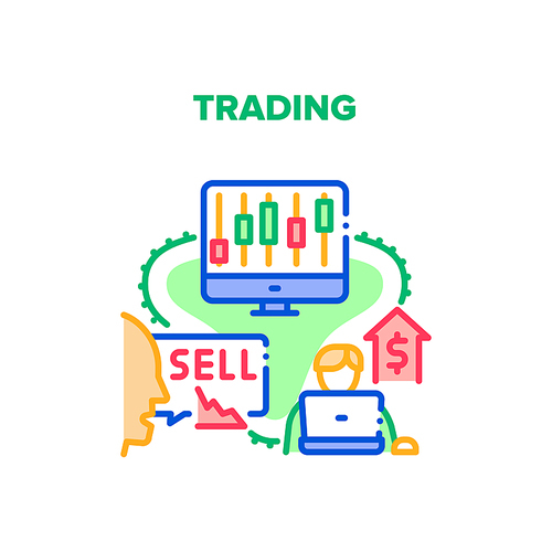 Trading Business Vector Icon Concept. Trading Business Occupation For Buying And Selling On Stock Market, Businessman Researching Financial Graph And Data Analysis. Broker Working Color Illustration