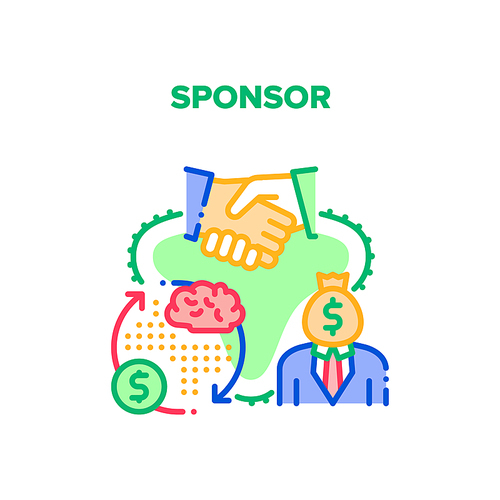 Sponsor Aid Vector Icon Concept. Sponsor Help Start Business, Investor Researching And Calculating Financial Profit, Signing Agreement And Handshaking After Successful Deal Color Illustration