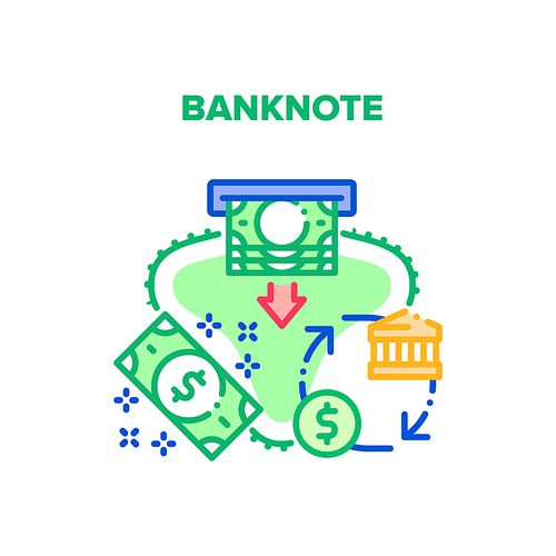 Banknote Money Vector Icon Concept. Banknote Money Getting From Atm, Bank Financial Building For Dollar Currency, Investment, Credit Or Deposit. Finance Relationship Color Illustration