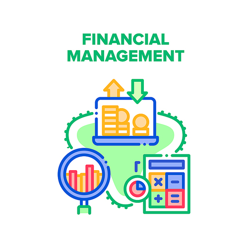 Financial Management Strategy Vector Icon Concept. Financial Management And Analysis, Researching Finance Market And Calculating Money Income And Expense. Business Color Illustration