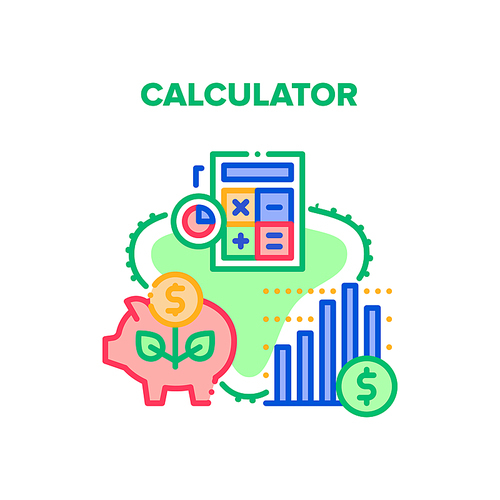Calculator Tool Vector Icon Concept. Calculator Electronic Device For Counting Profit And Analyzing Financial Market. Researching Finance Infographic And Calculating Budget Color Illustration