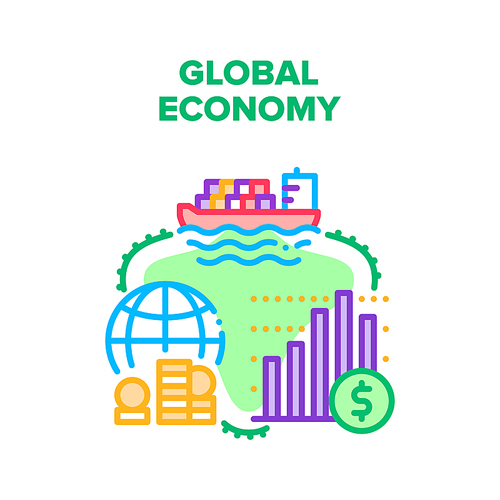 Global Economy Vector Icon Concept. Global Economy Business Occupation For Buying And Selling Goods, Shipping Product On Ship And Analyzing Financial Market. World Finance Color Illustration