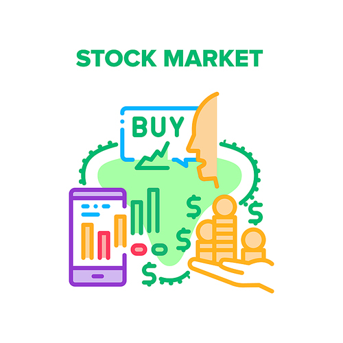 Stock Market Vector Icon Concept. Stock Market For Buying And Selling Goods, Online Trading And Monitoring Chart On Smartphone Screen. Earning Money Dollar And Coins Color Illustration