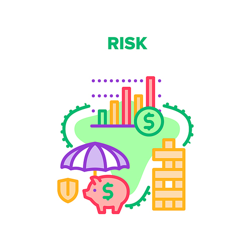 Risk Finance Vector Icon Concept. Risk Finance And Bank Deposit Money Protection, Cash Insurance And Building Strategy For Earning Treasure. Management And Monitoring Chart Color Illustration