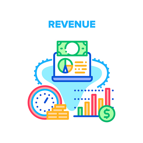 Revenue Finance Vector Icon Concept. Revenue Finance, Annual Banking Deposit Profit, Salary Rate Increase And Money Earning And Management. Dollar Income And Economy Business Color Illustration