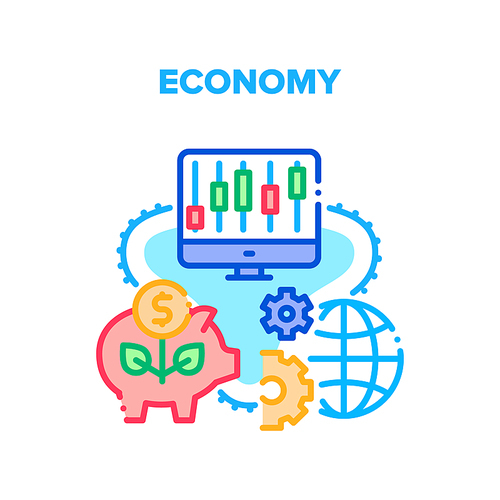 Economy Finance Vector Icon Concept. Economy Finance World Process And Online International Trade Market Monitoring Rates On Computer Screen. Save Earned Money In Piggy Bank Color Illustration