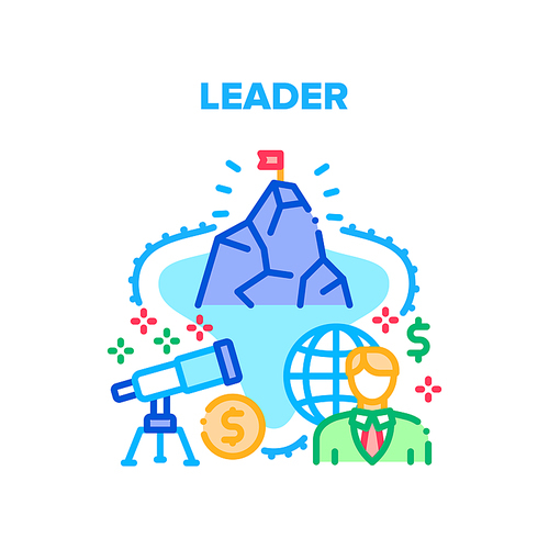 Leader Finance Vector Icon Concept. Leader Finance Manager Thinking Strategy And Searching Solution For Earning Money And Achieve Goal. Businessman International Company Color Illustration