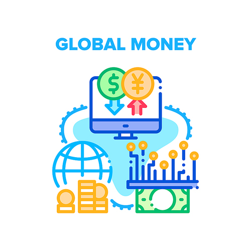 Global Money Vector Icon Concept. Global Money, Internet Online Currency Exchange On Computer And Electronic Digital Funds. International Trade Market Selling And Buying Coins Color Illustration