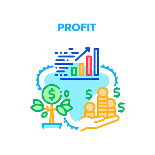 Profit Growing Vector Icon Concept. Money Profit Growing And Monitoring Increase Finance Chart. Growth Cash Tree And Heap Of Coin Holding Businessman. Financial Wealth Color Illustration