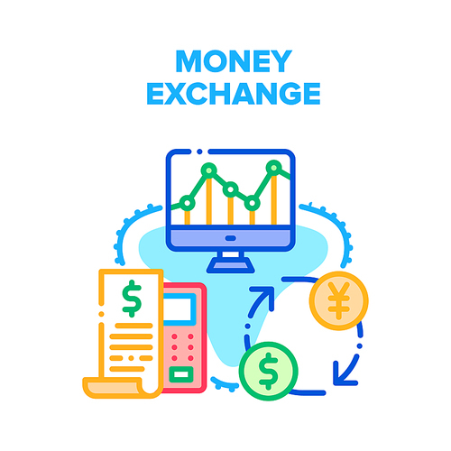Money Exchange Vector Icon Concept. Calculating And Receipt Of Money Exchange, Researching And Monitoring Currency Rate Online On Computer Display. Financial Process Color Illustration