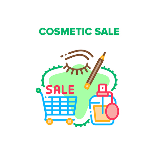 Cosmetic Sale Vector Icon Concept. Cart For Carrying Buying Aromatic And Health Treatment Products, Store Cosmetic Sale. Perfume Spray Bottle And Eyeliner Beauty Accessory Color Illustration