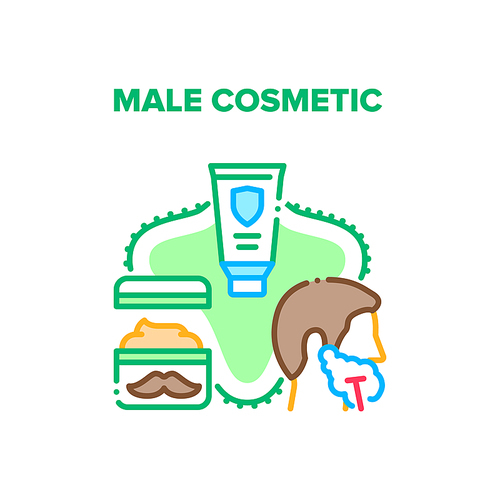 Male Cosmetic Vector Icon Concept. Shaving Foam And Mustache Care Cream, Razor After Lotion After Shave Male Cosmetic. Moisturizer Tube Package, Beauty Treatment Accessories Color Illustration