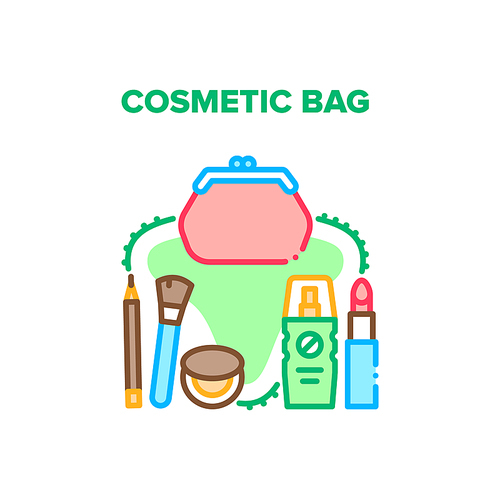 Cosmetic Bag Vector Icon Concept. Cosmetic Bag For Storaging Beauty Accessories, Lipstick And Lotion Spray, Brush, Pencil For Eyes And Powder. Packaging For Storage Makeup Products Color Illustration