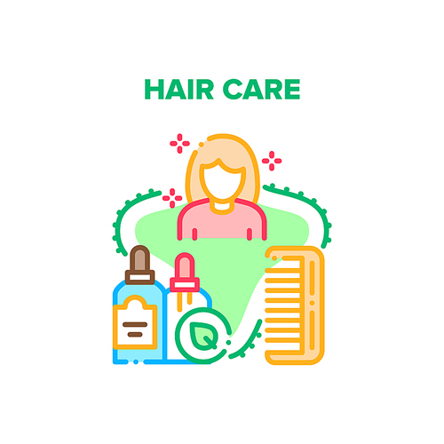 Hair Care Tool Vector Icon Concept. Comb Hair Care Tool, Shampoo And Gel For Washing Woman Head. Aroma And Health Therapy, Hygiene Accessories And Cosmetic Liquid Color Illustration