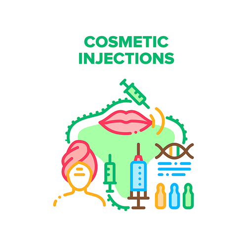 Cosmetic Injections Procedure Vector Icon Concept. Cosmetic Injections Medical Treatment Woman In Beauty Salon Or Clinic. Botox Medicine Therapy For Lips Or Face Color Illustration