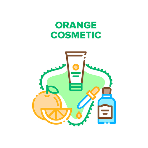 Orange Cosmetic Vector Icon Concept. Orange Cosmetic Cream Tube And Oil Essential From Citrus Fruit. Refresh And Moisturizing Skincare Treatment Natural Serum With Vitamin Color Illustration