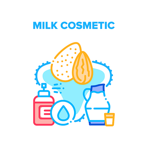 Milk Cosmetic Vector Icon Concept. Almond Nut Natural Milk Cosmetic, Moisturizing Liquid Bottle Spray And Dairy Beauty Liquid. Eco Product For Protection And Care Skin Color Illustration