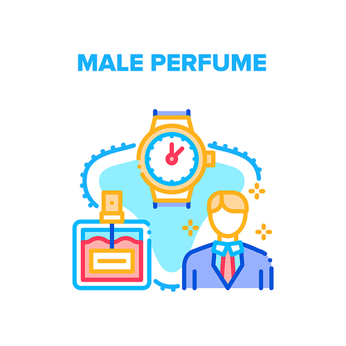Male Perfume Vector Icon Concept. Aromatic Male Perfume And Watch Stylish Accessories. Businessman Fragrance Liquid Bottle Sprayer And Wristwatch. Gentleman Luxury Products Color Illustration
