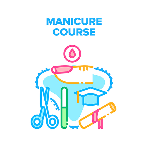 Manicure Course Vector Icon Concept. Manicure Course For Educate Working With Beauty Salon Accessories For Cut And Paint With Varnish Finger Nails. Manicurist Education Color Illustration