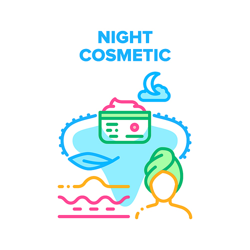 Night Cosmetic Vector Icon Concept. Night Cosmetic For Moisture Skin And Face Or Body Beauty Treatment, Woman Use Cosmetology Product After Washing And Prepare For Night Color Illustration