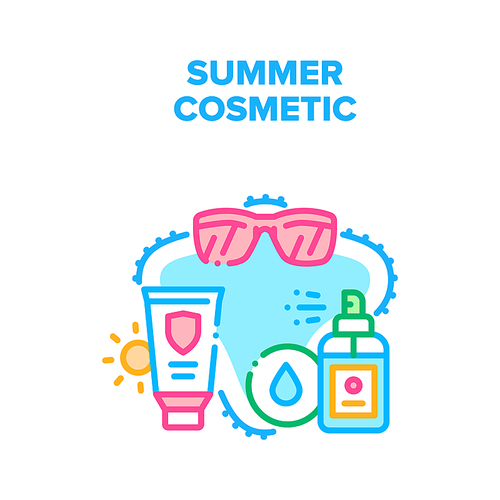 Summer Cosmetic Vector Icon Concept. Eyeglasses And Sunscreen Cream And Lotion Spray Summer Cosmetic For Protect Body Skin And Accessory For Eyes. Skincare Creamy Product Color Illustration