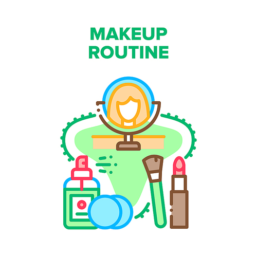 Makeup Routine Vector Icon Concept. Woman Look In Mirror And Making Skincare Makeup Routine With Cosmetology Accessories, Lipstick And Brush, Cosmetic Remove Spray And Cotton Disk Color Illustration