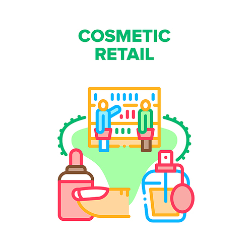 Cosmetic Retail Vector Icon Concept. Women Choosing Beauty Nail Polish And Aromatic Perfume Accessories On Cosmetology Shop Shelves, Cosmetic Retail Business. Customer Buy Products Color Illustration