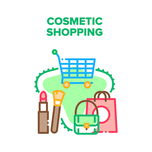 Cosmetic Shopping In Store Vector Icon Concept. Cosmetic Shopping Buying Beauty Accessories Lipstick And Brush, Fashion Bag And Cosmetology Products. Shop Cart For Carrying Goods Color Illustration