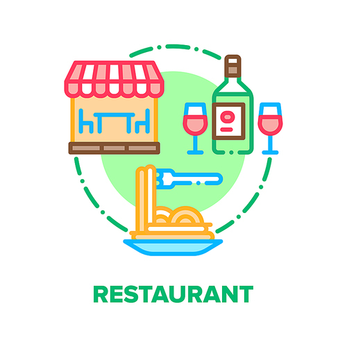 Restaurant Food Vector Icon Concept. Restaurant Fresh Cooked Meal Spaghetti And Wine Bottle With Glasses, Cafe Building For Eating Delicious Dish And Drink Alcoholic Beverage Color Illustration