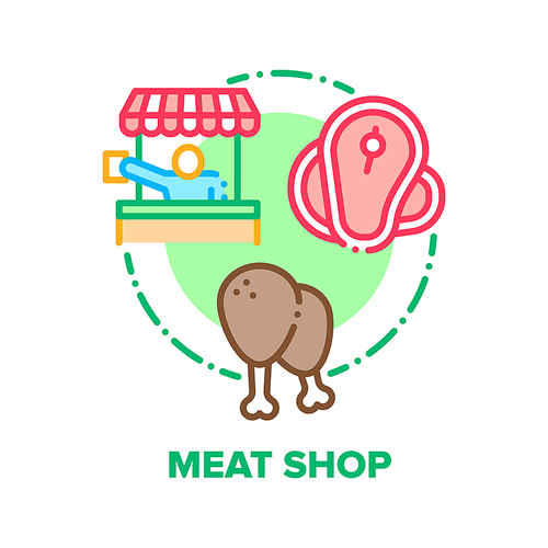 Meat Shop Sale Vector Icon Concept. Chicken Legs And Pork Or Beef Steaks Selling At Meat Shop Counter Seller Butcher, Grocery Store Fresh And Raw Products. Nutrition Shopping Color Illustration