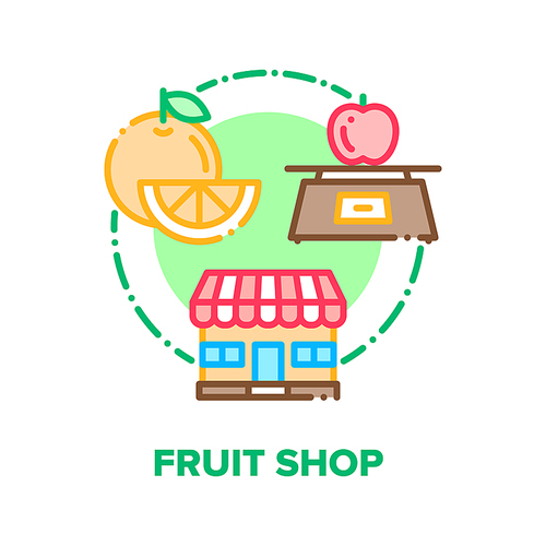 fruit shop food vector icon concept. in fruit shop building selling vegetarian nutrition and natural delicious products, orange and apple on electronic scales.  nourishment sale color illustration