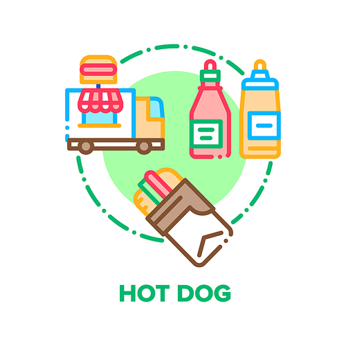 hot dog food vector icon concept. hot dog fast and street nutrition spiced with flavor sauces ketchup, mayonnaise and mustard. truck for cooking delicious meat and  dish color illustration