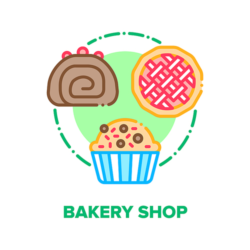 Bakery Shop Vector Icon Concept. Bakery Shop Selling Dessert Chocolate Creamy Cake With Berries, Pancake With Candies And Sweet Pie With Baked Fruit Or Jam. Delicacy Food Color Illustration