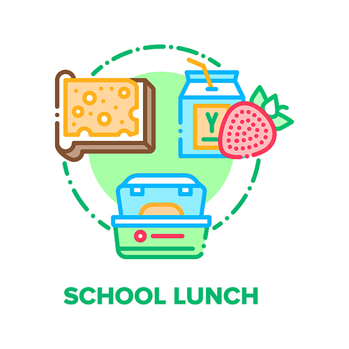 School Lunch Vector Icon Concept. Sandwich Bread With Butter And Sliced Cheese, Strawberry Juice Or Yogurt, Meal Packages For Transportation School Lunch. Dish For Children Color Illustration