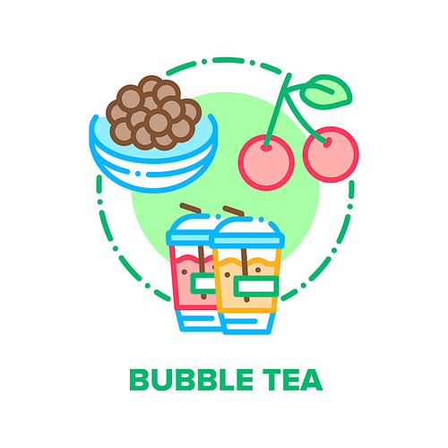 Bubble Tea Drink Vector Icon Concept. Bubble Tea Refreshness Beverage With Cherry Berry And Chocolate Balls, Delicious Sweet Fruity Summer Cocktail. Refreshing Smoothie Color Illustration